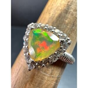 Ethiopian Opal Halo Ring Sterling Silver Size 7 Trillion Cut
